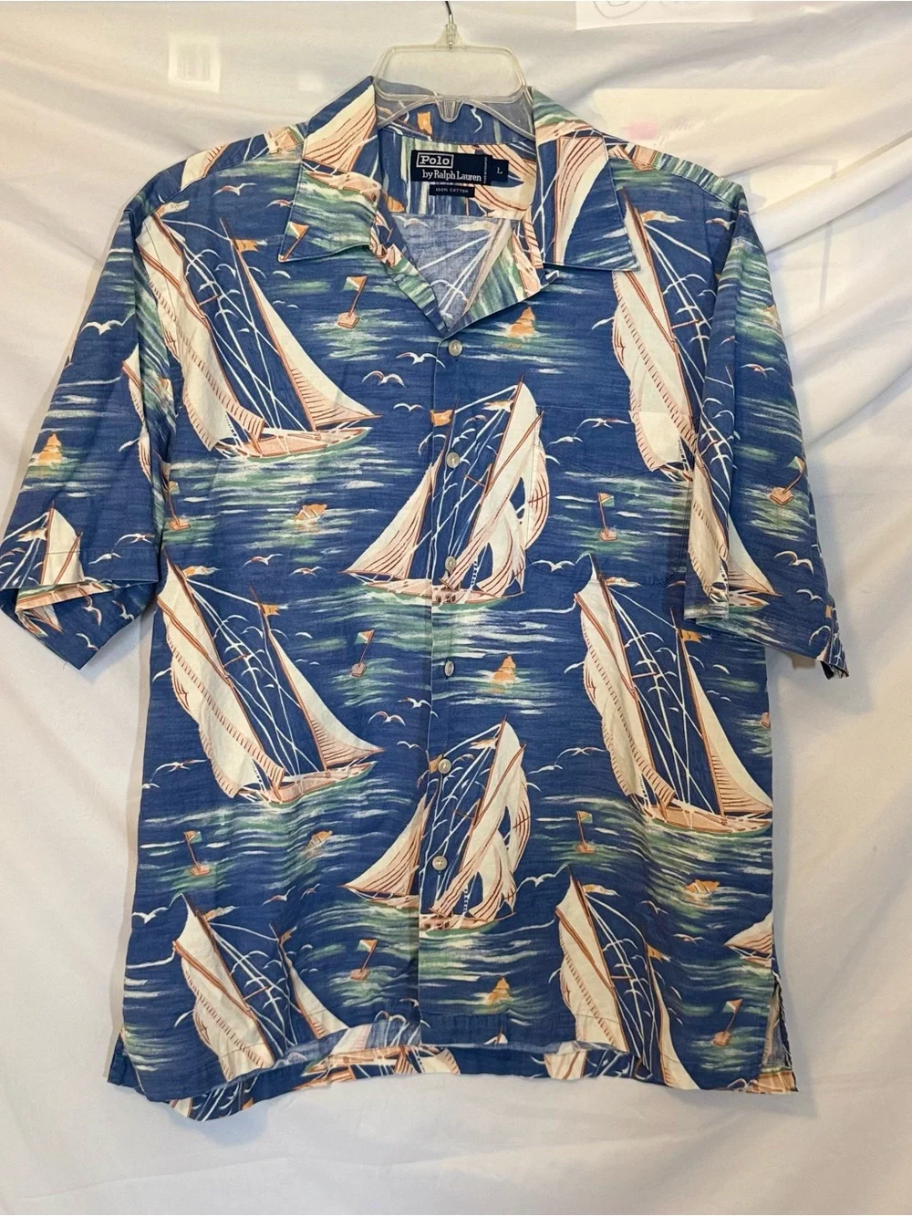 Polo Ralph Lauren Vintage Camp Shirt Men’s Lg Blue Nautical Short Sleeve (HH26)